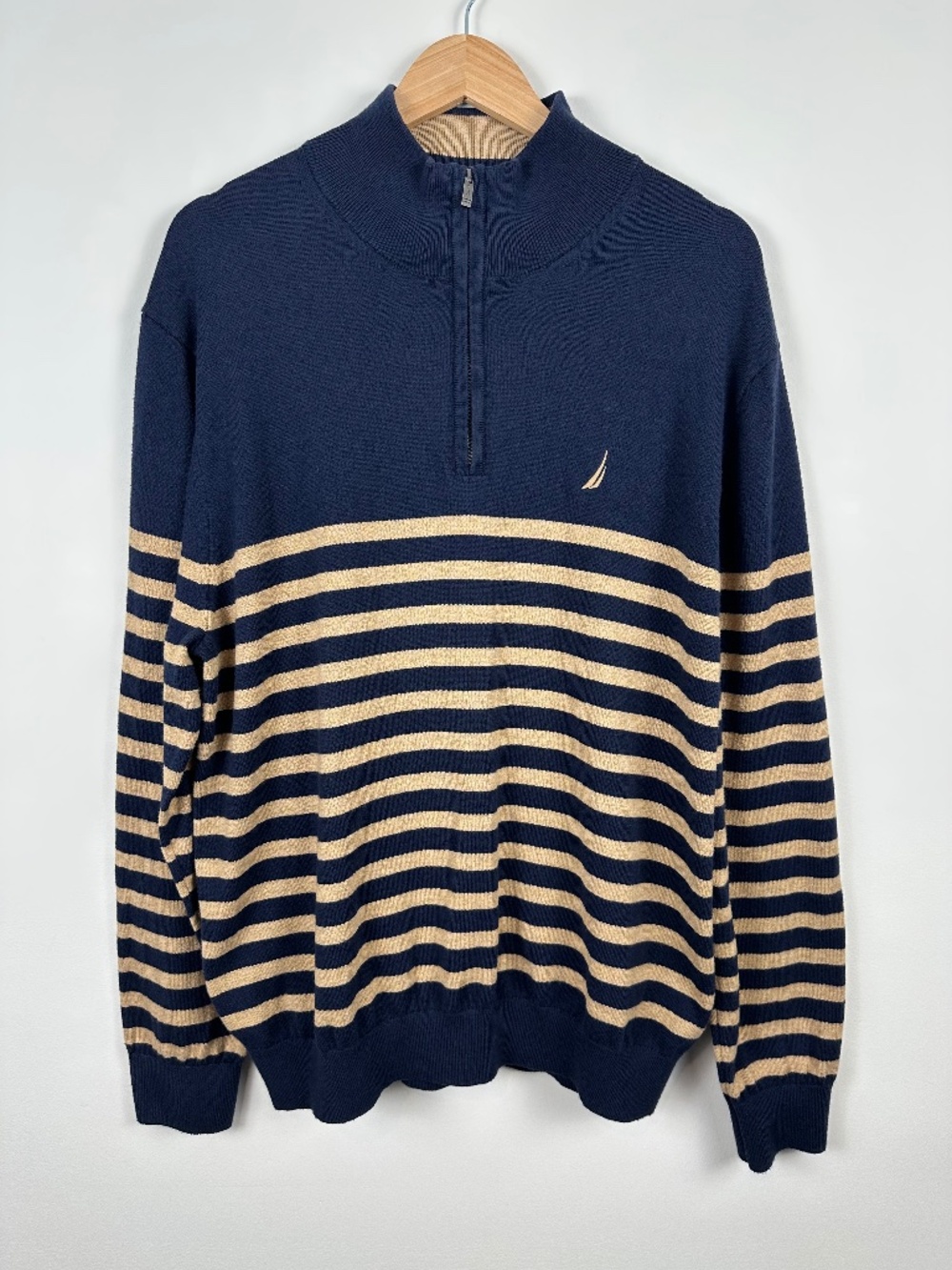Nautica Navtech Men’s XL Navy Tan Striped Quarter Zip Sweater